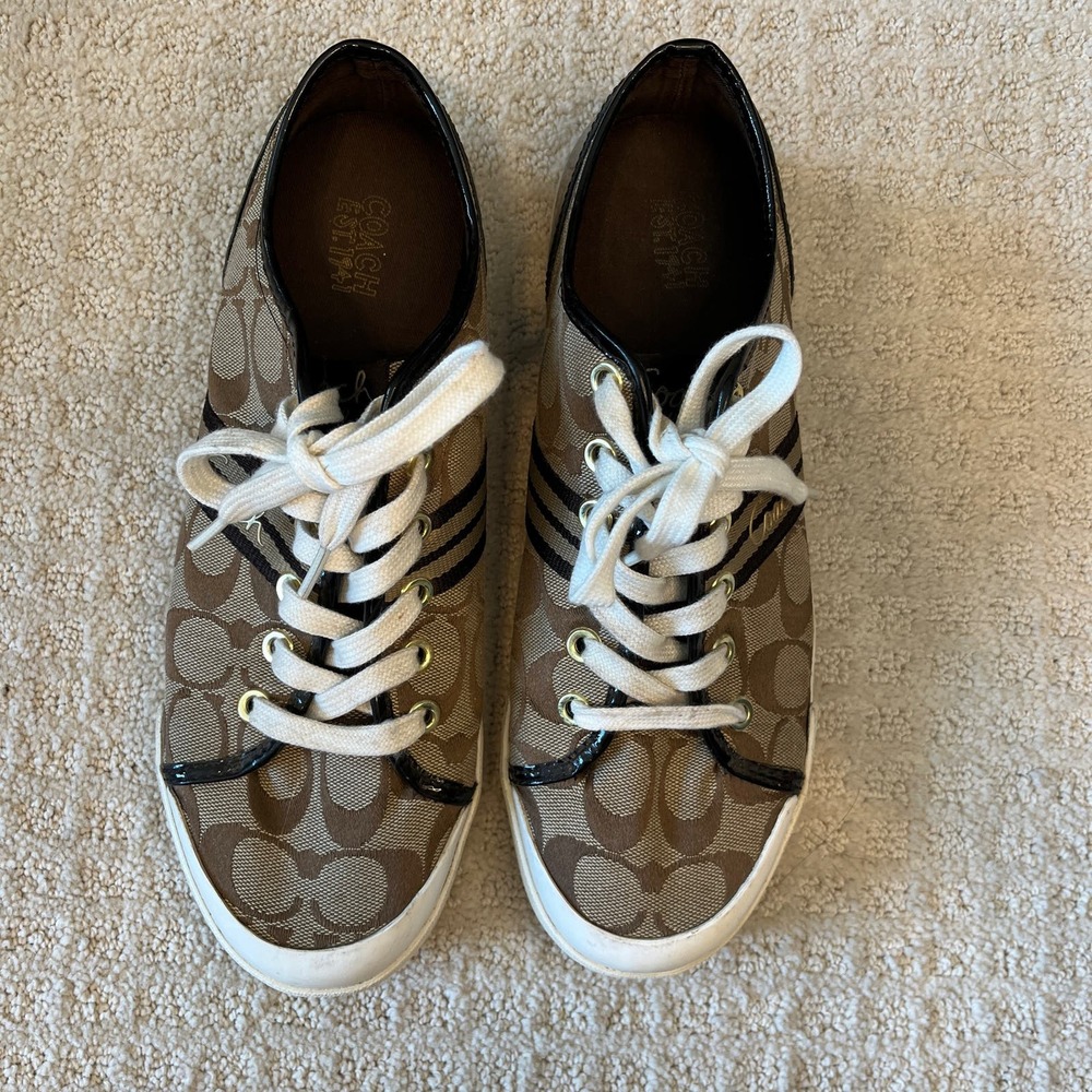 Coach Brown Signature Canvas Low-Top Sneakers with Black Trim - Picture 2 of 8
